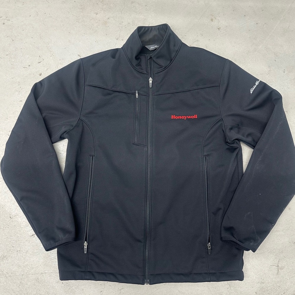 Eddie Bauer Black Softshell Jacket M Honeywell Logo Full Zip Fleece Lined